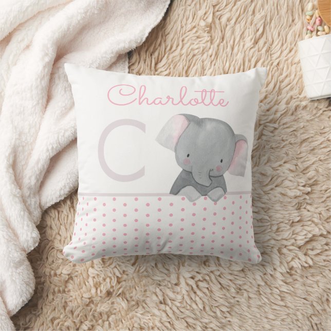 Cute Watercolor Monogram Elephant Baby Girl Cushion (Blanket)