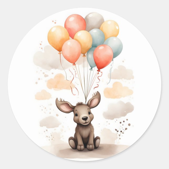 Cute Watercolor Moose Red Blue Yellow Balloons Classic Round Sticker (Front)