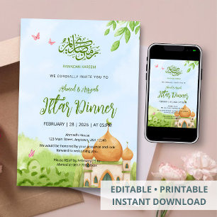 Cute Watercolor Mosque and Garden Iftar Invitation