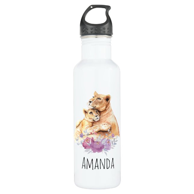 Cute Watercolor Mother Lion & Cub 710 Ml Water Bottle (Front)