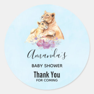 Cute Watercolor Mother Lion & Cub Baby Shower Classic Round Sticker