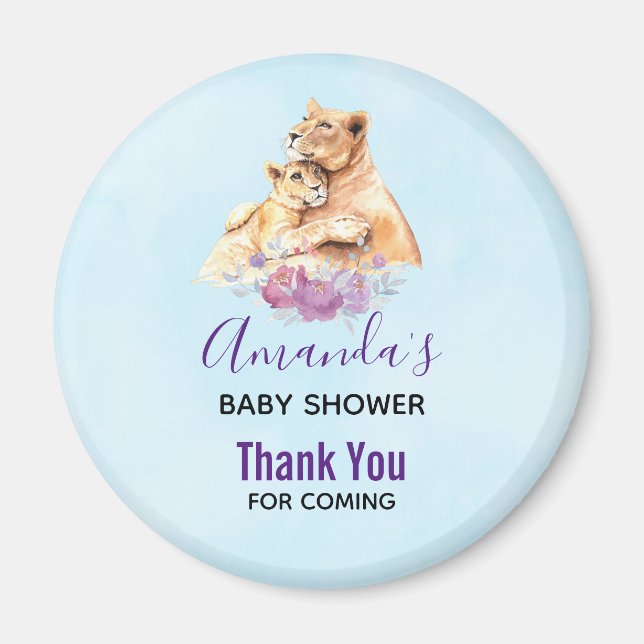 Cute Watercolor Mother Lion & Cub Baby Shower Magnet (Front)