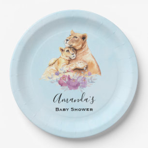 Cute Watercolor Mother Lion & Cub Baby Shower Paper Plate