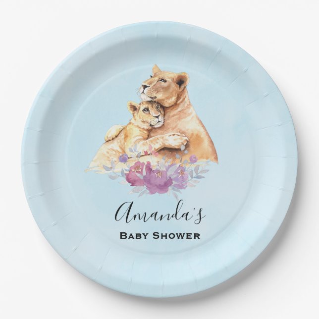 Cute Watercolor Mother Lion & Cub Baby Shower Paper Plate (Front)