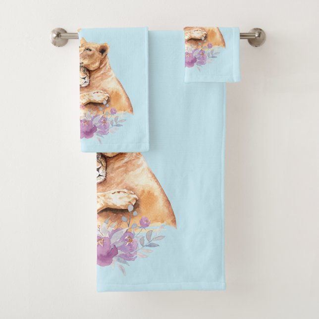 Cute Watercolor Mother Lion & Cub Bath Towel Set (Insitu)