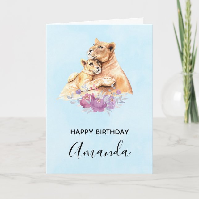 Cute Watercolor Mother Lion & Cub Birthday Card (Front)