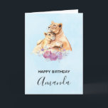 Cute Watercolor Mother Lion & Cub Birthday Card<br><div class="desc">Happy birthday greeting card with a cute watercolor painting of a mother lion holding her baby cub. Some pretty floral flowers below them,  adds a gentle touch to this sweet and adorable image.</div>