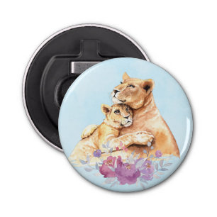 Cute Watercolor Mother Lion & Cub Bottle Opener