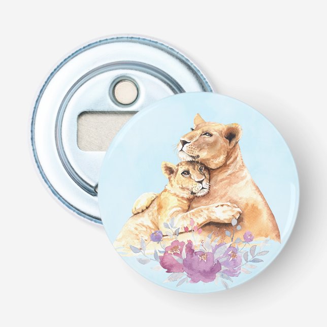 Cute Watercolor Mother Lion & Cub Bottle Opener (Front)
