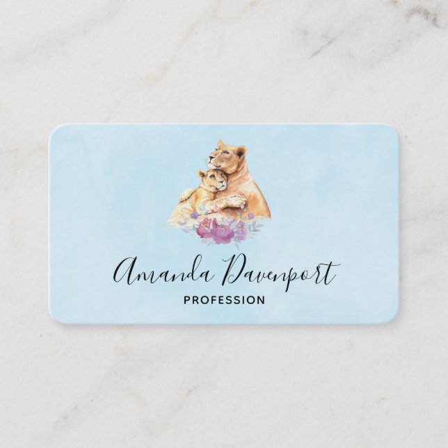 Cute Watercolor Mother Lion & Cub Business Card (Front)