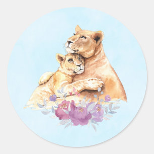 Cute Watercolor Mother Lion & Cub Classic Round Sticker