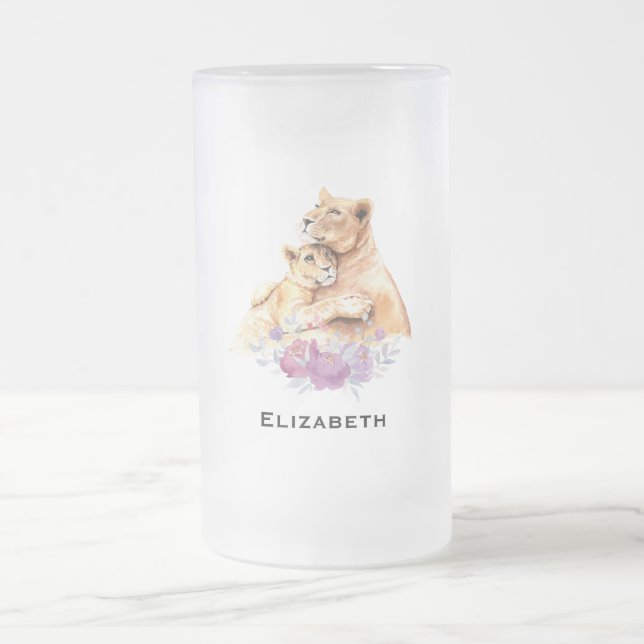 Cute Watercolor Mother Lion & Cub Frosted Glass Beer Mug (Center)