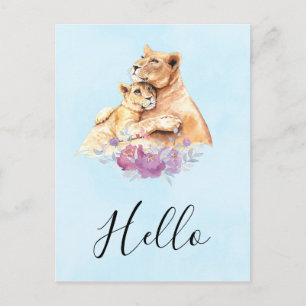 Cute Watercolor Mother Lion & Cub Hello Postcard