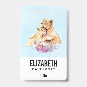 Cute Watercolor Mother Lion & Cub ID Badge