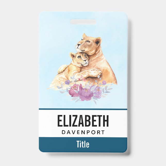 Cute Watercolor Mother Lion & Cub ID Badge (Front)