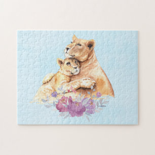 Cute Watercolor Mother Lion & Cub Jigsaw Puzzle