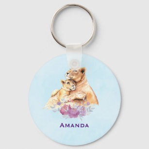 Cute Watercolor Mother Lion & Cub Key Ring