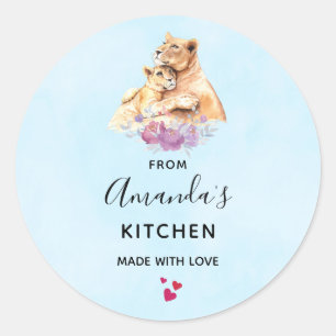 Cute Watercolor Mother Lion & Cub Kitchen Classic Round Sticker