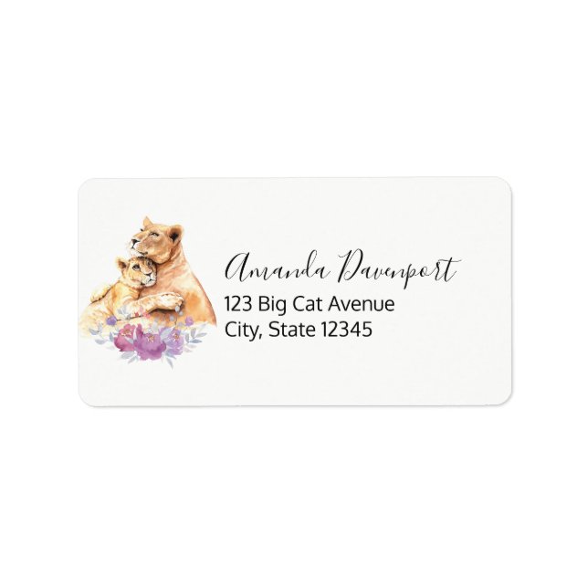 Cute Watercolor Mother Lion & Cub Label (Front)