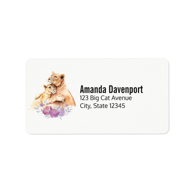 Cute Watercolor Mother Lion & Cub Label (Front)
