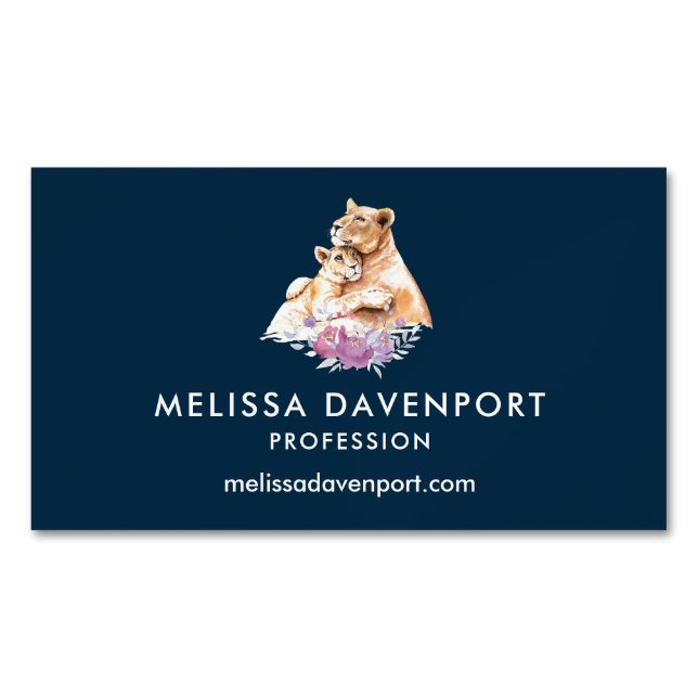 Cute Watercolor Mother Lion & Cub Magnetic Business Card (Front)