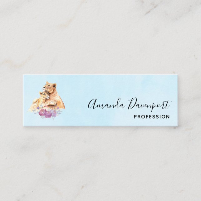 Cute Watercolor Mother Lion & Cub Mini Business Card (Front)