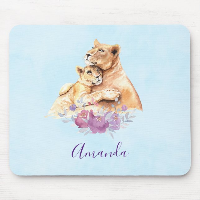 Cute Watercolor Mother Lion & Cub Mouse Mat (Front)