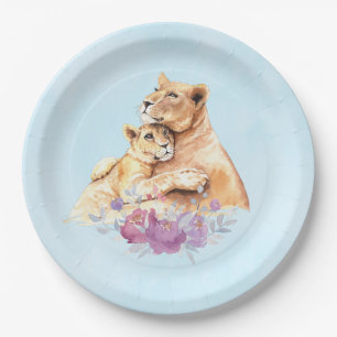 Cute Watercolor Mother Lion & Cub Paper Plate