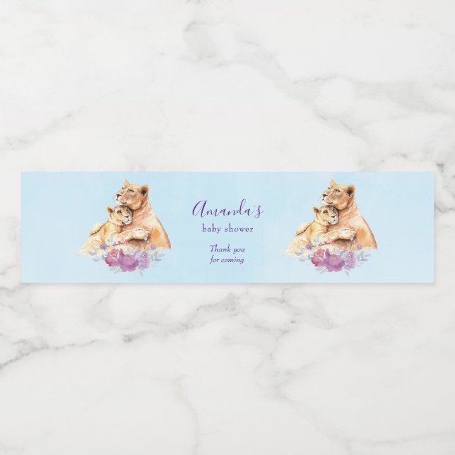 Cute Watercolor Mother Lion & Cub Shower Water Bottle Label (Single Label)