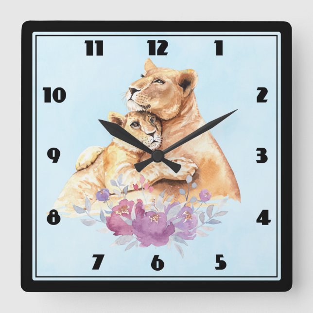 Cute Watercolor Mother Lion & Cub Square Wall Clock (Front)