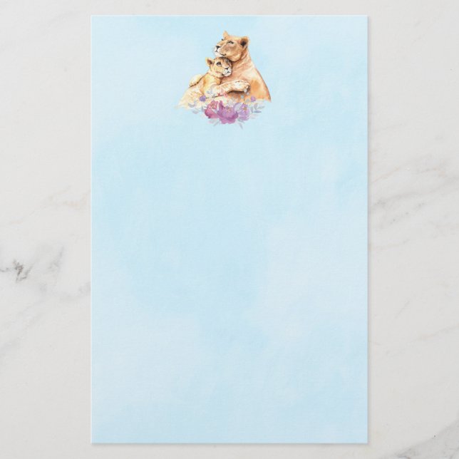 Cute Watercolor Mother Lion & Cub Stationery (Front)