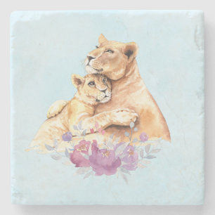 Cute Watercolor Mother Lion & Cub Stone Coaster