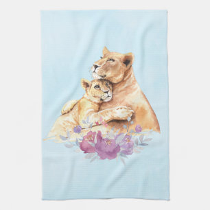Cute Watercolor Mother Lion & Cub Tea Towel