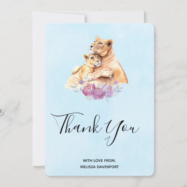 Cute Watercolor Mother Lion & Cub Thank You Card (Front)