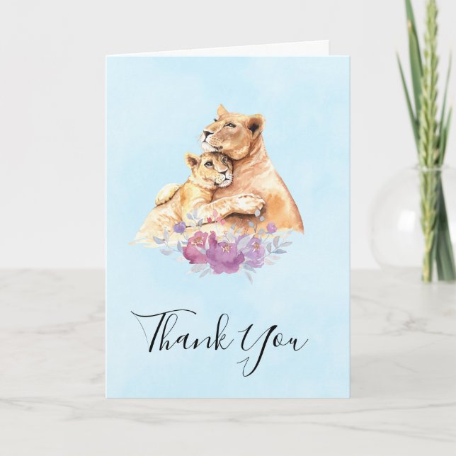 Cute Watercolor Mother Lion & Cub Thank You Card (Front)