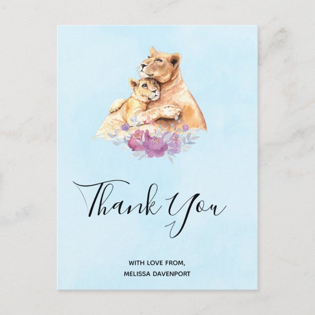 Cute Watercolor Mother Lion & Cub Thank You Postcard (Front)