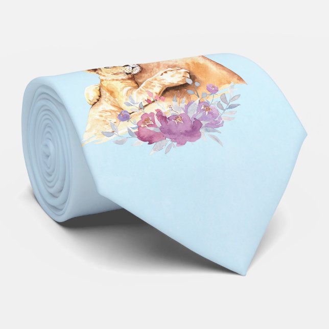 Cute Watercolor Mother Lion & Cub Tie (Rolled)