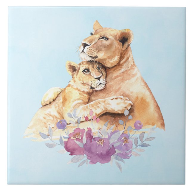 Cute Watercolor Mother Lion & Cub Tile (Front)