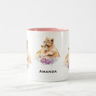 Cute Watercolor Mother Lion & Cub Two-Tone Coffee Mug