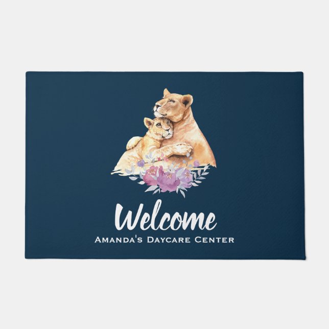 Cute Watercolor Mother Lion & Cub Welcome Doormat (Front)
