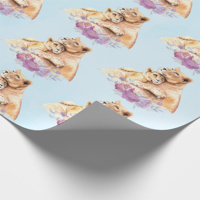 Cute Watercolor Mother Lion & Cub Wrapping Paper (Corner)