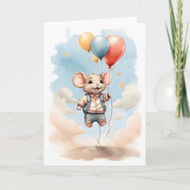 Cute Watercolor Mouse Floating with Balloons Blank Card (Front)