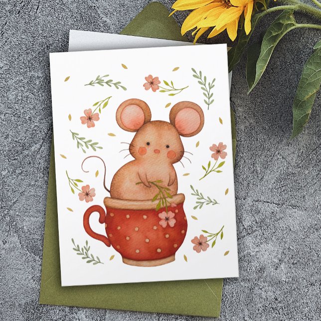 Cute Watercolor Mouse In A Teacup Birthday Postcard (Creator Uploaded)