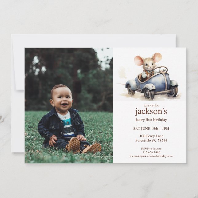 Cute Watercolor Mouse in Blue Car 1st Birthday Invitation (Front)
