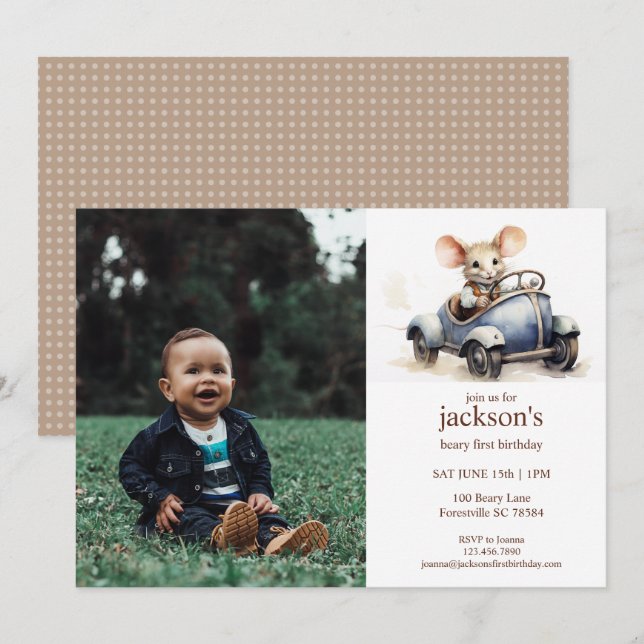 Cute Watercolor Mouse in Blue Car 1st Birthday Invitation (Front/Back)