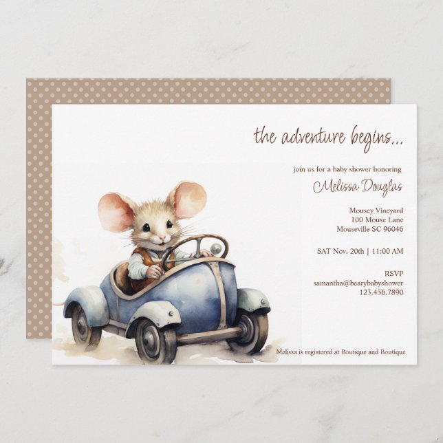 Cute Watercolor Mouse in Blue Car Baby Shower Invitation (Front/Back)