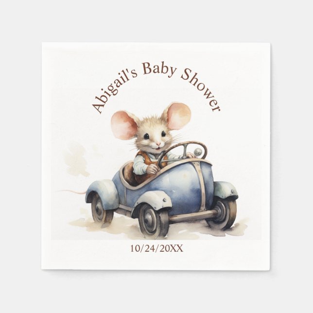 Cute Watercolor Mouse in Blue Car First Birthday Napkin (Front)