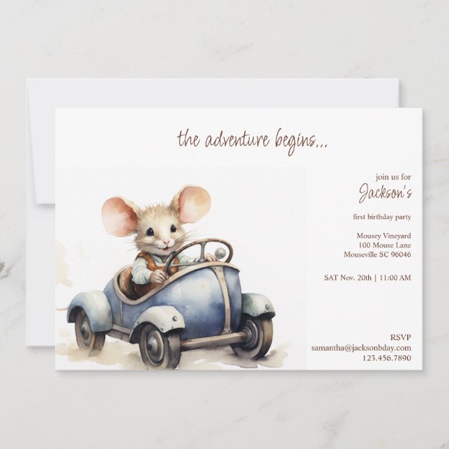 Cute Watercolor Mouse in Blue Kid's Birthday Party Invitation (Front)