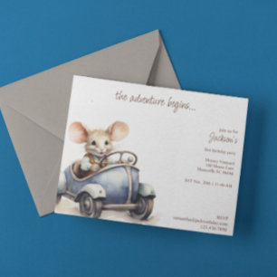 Cute Watercolor Mouse in Blue Kid's Birthday Party Invitation
