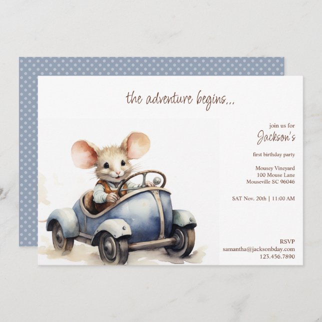 Cute Watercolor Mouse in Blue Kid's Birthday Party Invitation (Front/Back)